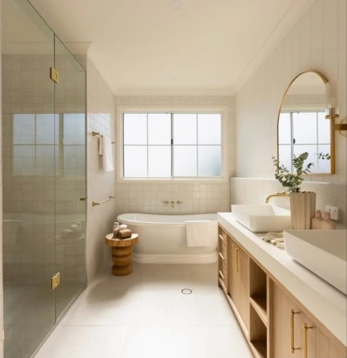 Bright, clean bathroom with freestanding bath